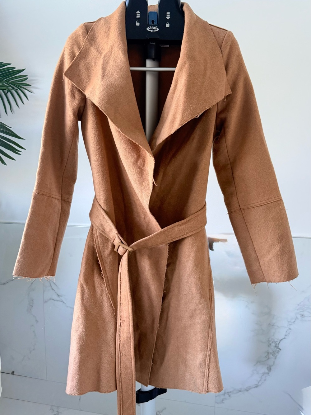 Beautiful Stories Wool Wrap Coat Small Camel Tan Raw Hem Belted Jacket